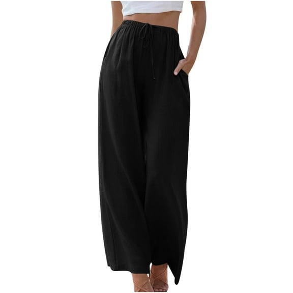 VERUGU Trousers Women's Casual Solid Pants Comfortable Elastic High Waist Wide Leg Casual Length Pants Black L