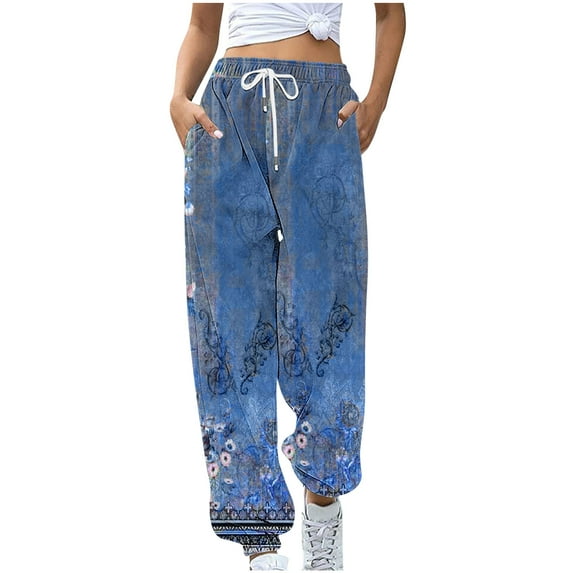 VERUGU Trousers Women's Fashion Casual Full-Length Loose Pants Solid High Waist Trousers Long Leg Pants Blue XL