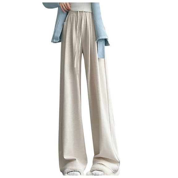 VERUGU Trousers Women's Plush Wide Leg Pants with High Waistline Drape and Straight Tube Loose Fitting Casual Knitted Straight Tube Pants Beige L