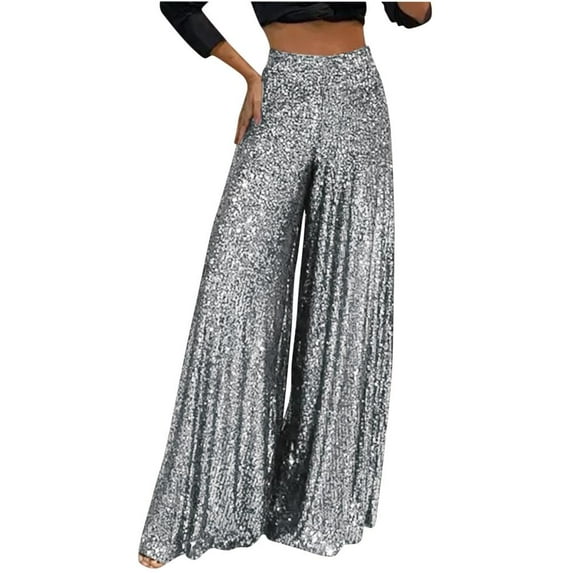 VERUGU Trousers Womens Fashion Elegant High Waist Wide Leg Pants Trousers Flare Trousers Zipper Pants Silver S