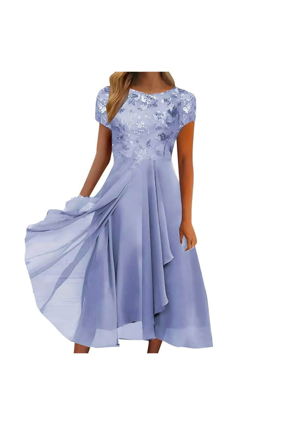 Wedding Guest Dresses for Women Ladies Lace Chiffon Dresses Sexy Round Neck Short Sleeve Prom Dresses Elegant Knee Length Midi Dress Evening Party Dresses Purple L