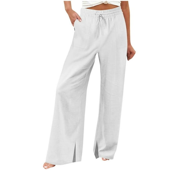 VERUGU Wide Leg Pants Women Casual Loose Elastic High Waist Palazzo Trousers with Pockets Summer Solid Lounge Drawstring Straight Full-Length Pants Beach Travel Vacation Outfits White L