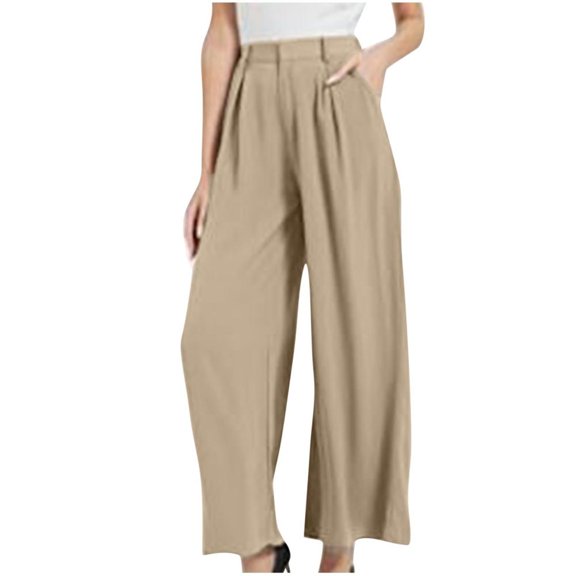 VERUGU Wide Leg Pants Women Casual Loose High Elastic Waist Palazzo Trousers with Pockets Spring Summer Solid Lounge Comfy Full-Length Flowy Pants Beach Travel Vacation Outfits Khaki XXL