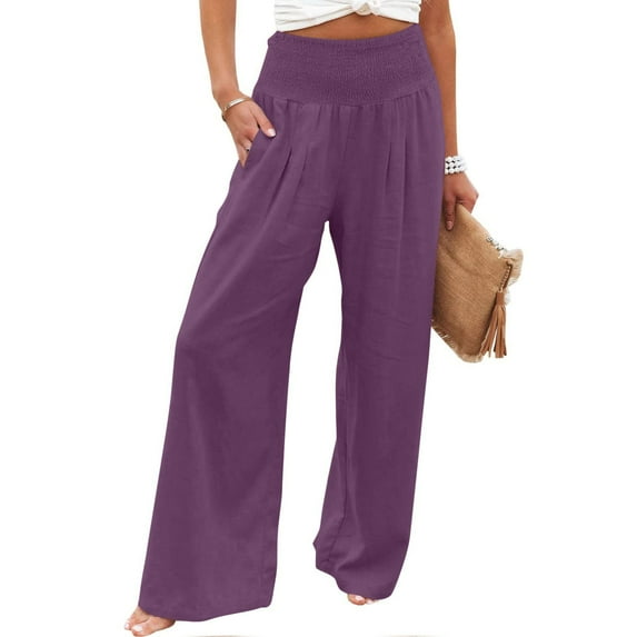 VERUGU Wide Leg Pants for Women Casual Loose Wide Leg Cozy Trousers High Waist Straight Solid Comfy Lounge Pants with Pockets Purple M