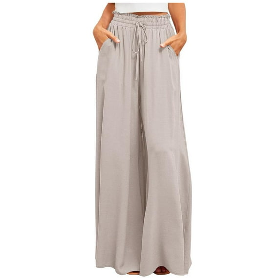 VERUGU Wide Leg Trousers Womens Fashion Summer Solid Casual Button Pocket Elastic Waist Long Pants Beige M