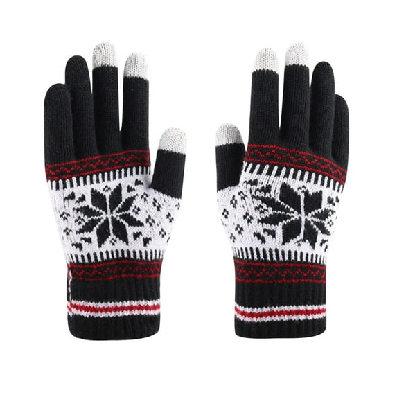 VERUGU Winter Gloves Women Christmas Jacquard Snowflake Plus Velvet Thickened Warm Gloves Knitting Wrist Touchable Screen Gloves Black Free Size
