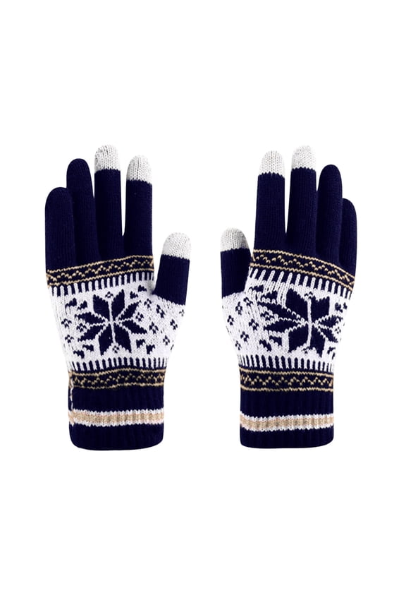 Winter Gloves Women Christmas Jacquard Snowflake Plus Velvet Thickened Warm Gloves Knitting Wrist Touchable Screen Gloves Navy Free Size