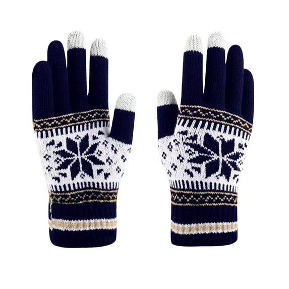 VERUGU Winter Gloves Women Christmas Jacquard Snowflake Plus Velvet Thickened Warm Gloves Knitting Wrist Touchable Screen Gloves Navy Free Size