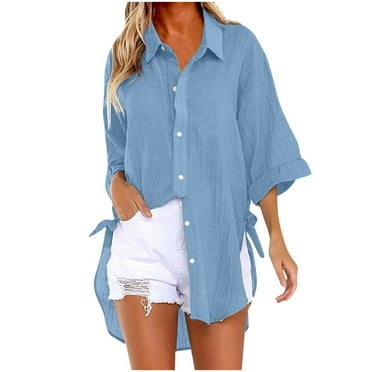 VERUGU Women Button Down Shirts Trendy Cotton Linen 3/4 Sleeve Lapel Basic Tees Blouse Solid Side Lace-Up Casual Loose Tunic Tops Blue XXL