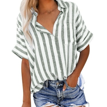 VERUGU Women Button Down Shirts Trendy Short Sleeve Lapel Pocket Blouse Dressy Casual Striped Loose Imitation Cotton Linen Tunic Tops Army Green 3XL
