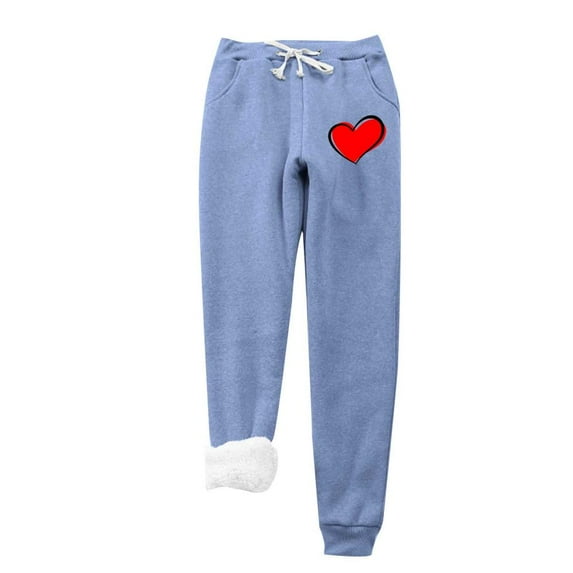 VERUGU Women Leggings Fall Winter Fashion Heart Print Lamb Fleece Elastic Drawstring Pockets Thick Warm Casual Trousers Blue L
