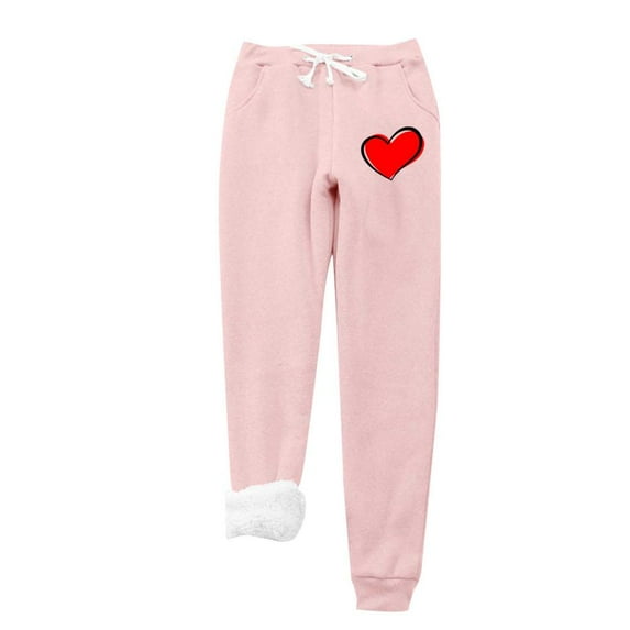 VERUGU Women Leggings Fall Winter Fashion Heart Print Lamb Fleece Elastic Drawstring Pockets Thick Warm Casual Trousers Pink M
