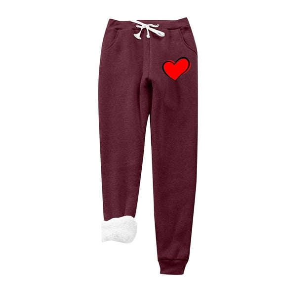 VERUGU Women Leggings Fall Winter Fashion Heart Print Lamb Fleece Elastic Drawstring Pockets Thick Warm Casual Trousers Wine XXL