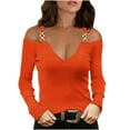 thumbnail image 1 of VERUGU Women Off Shoulder Blouse Shirt Long Sleeve Casual Tunic Tops Plain V-Neck Pullover Plus Size Tops Orange 3XL, 1 of 5