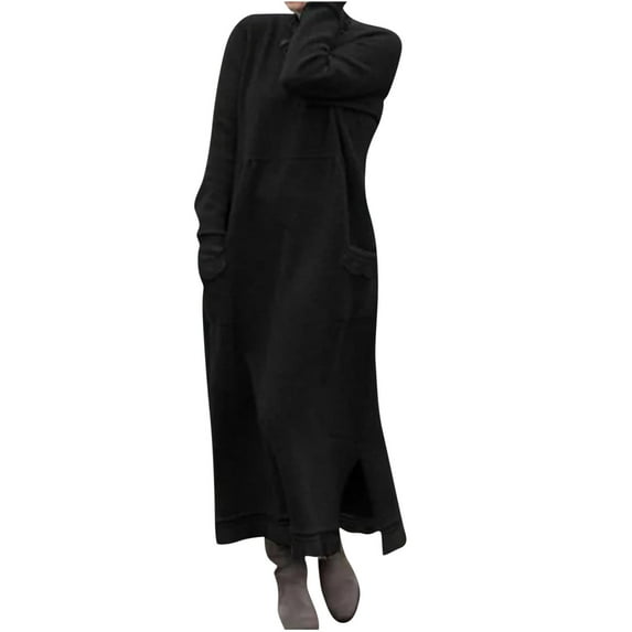 VERUGU Women Plus Size Loose Dress with Pockets Long Sleeve Knit Sweater Dress Winter Tunic Dresses Solid Color Loungewear Black 3XL