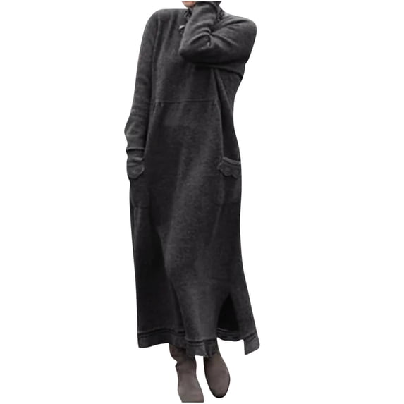 VERUGU Women Plus Size Loose Dress with Pockets Long Sleeve Knit Sweater Dress Winter Tunic Dresses Solid Color Loungewear Dark Gray 4XL