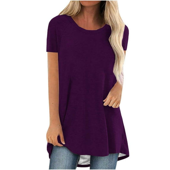 VERUGU Women Short Sleeve Tops Solid Color Summer Blouses Tunic T-shirt for Women Boho Style Long Tee Ladies Loose Kaftan T Shirt