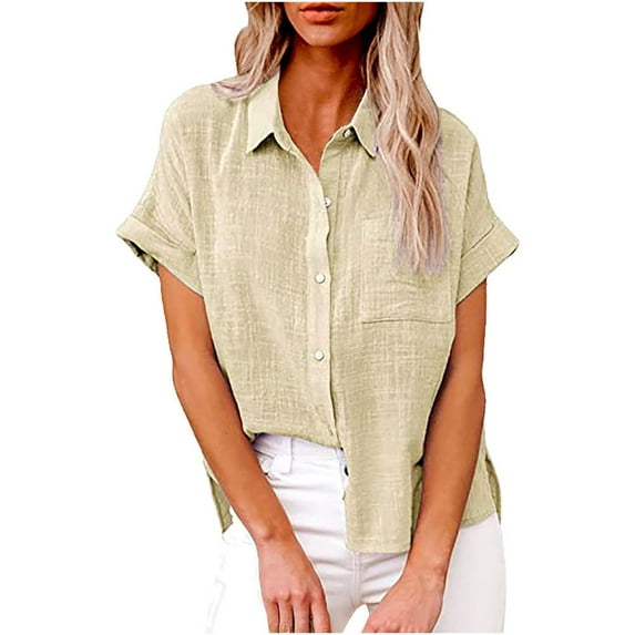 VERUGU Women Summer Button Down Shirts Cotton Linen Short Sleeve Lapel Basic Tees Blouse Solid Casual Loose Tunic Tops with Pocket Beige XL