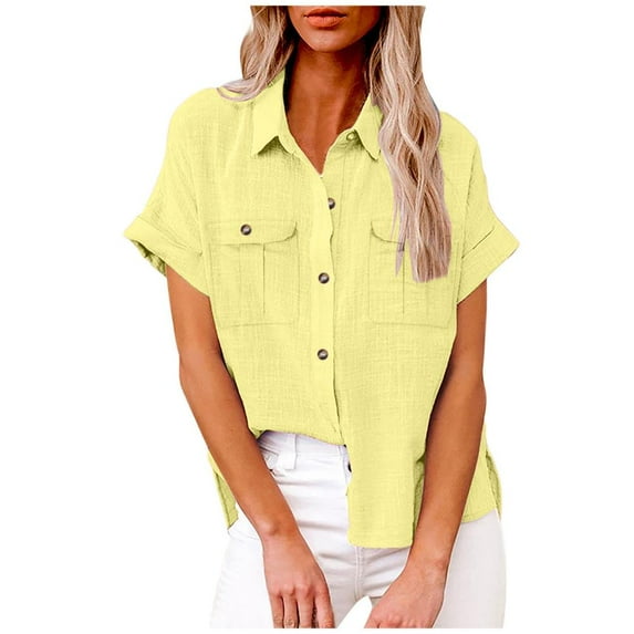 VERUGU Women Summer Button Down Shirts Cotton Linen Short Sleeve Lapel Basic Tees Blouse Solid Casual Loose Tunic Tops with Pockets Yellow S