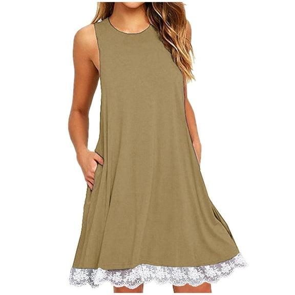 VERUGU Women Summer Casual Flowy T-Shirt Dresses Beach Cover up Loose Lace Trimmed Hem Sleeveless Dress with Pockets Khaki XXL