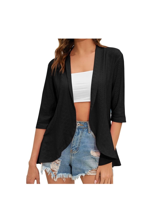 Women Summer Open Front Cardigan Lightweight 3/4 Sleeve Ruffle Eyelet Jacket Solid Casual Loose Outwear Black L