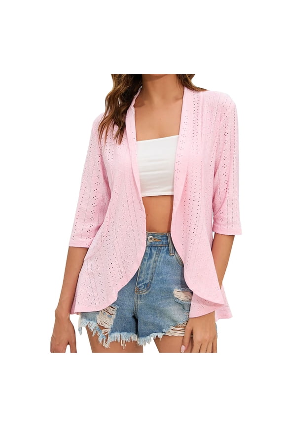 Women Summer Open Front Cardigan Lightweight 3/4 Sleeve Ruffle Eyelet Jacket Solid Casual Loose Outwear Hot Pink XL