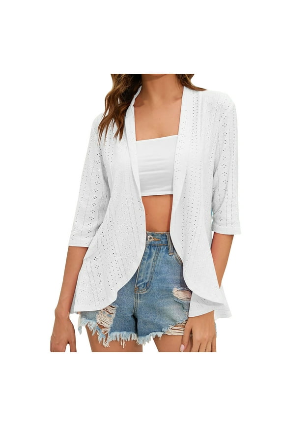 Women Summer Open Front Cardigan Lightweight 3/4 Sleeve Ruffle Eyelet Jacket Solid Casual Loose Outwear White S