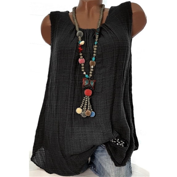 VERUGU Women Tank Tops Summer Sleeveless Solid Basic Top Shirt Loose Pleated Round Neck Blouses Black L