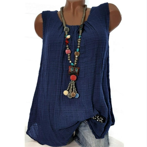 VERUGU Women Tank Tops Summer Sleeveless Solid Basic Top Shirt Loose Pleated Round Neck Blouses Blue M