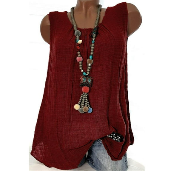 VERUGU Women Tank Tops Summer Sleeveless Solid Basic Top Shirt Loose Pleated Round Neck Blouses Wine XL