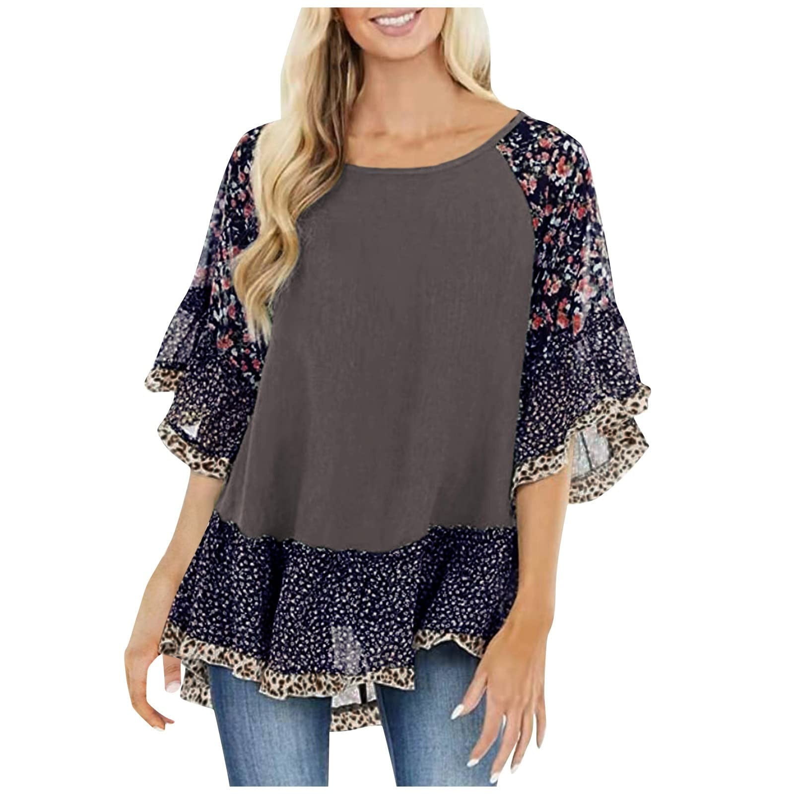 Women's Boho Floral Print Blouse - 3/4 Sleeve Ruffle V-Neck Top Plus Size Vintage Style