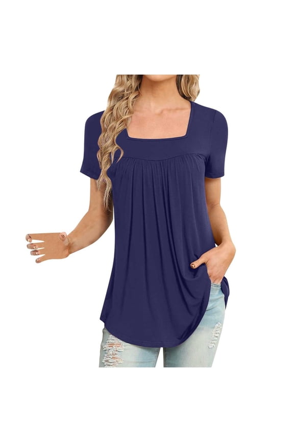 Women's Casual Short Sleeve Tunic Top Pleated Square Neck Flowing Hem Shirts Summer Solid Loose Comfy Blouse for Leggings Dark Blue S