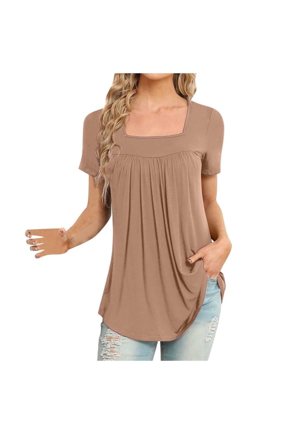 Women's Casual Short Sleeve Tunic Top Pleated Square Neck Flowing Hem Shirts Summer Solid Loose Comfy Blouse for Leggings Khaki L
