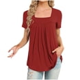 thumbnail image 1 of VERUGU Women's Casual Short Sleeve Tunic Top Pleated Square Neck Flowing Hem Shirts Summer Solid Loose Comfy Blouse for Leggings Wine XL, 1 of 4