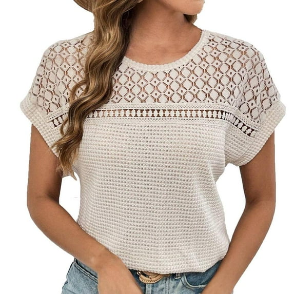 VERUGU Women's Casual Short Sleeve Tunic Top Raglan Sleeve Crew Neck Shirts Summer Fashion Cutout Print Loose Lightweight Blouse for Leggings Beige S