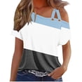 thumbnail image 1 of VERUGU Women's Casual Short Sleeve Tunics Camisole Tops One Shoulder T-Shirt Summer Trendy Patchwork Color Loose Flowy Blouse Tank Top for Leggings Light Blue L, 1 of 4