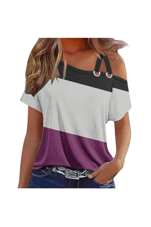Women's Casual Short Sleeve Tunics Camisole Tops One Shoulder T-Shirt Summer Trendy Patchwork Color Loose Flowy Blouse Tank Top for Leggings Purple XXL