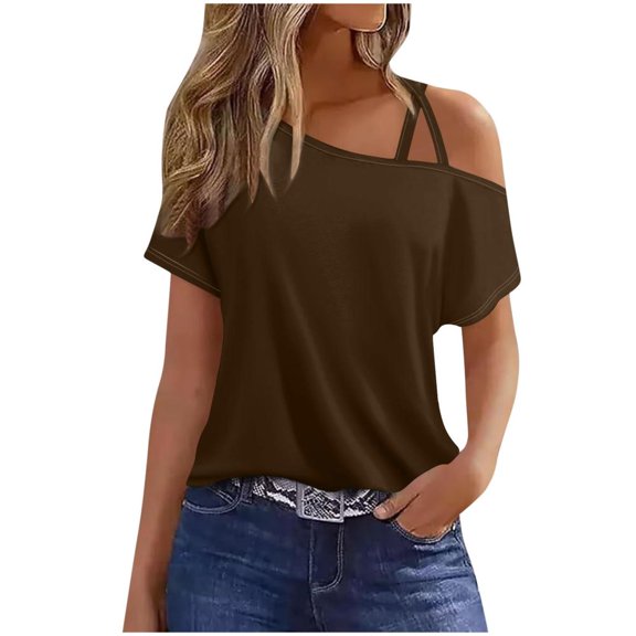 VERUGU Women's Casual Short Sleeve Tunics Camisole Tops One Shoulder T-Shirt Summer Trendy Solid Loose Comfy Flowy Blouse Tank Top for Leggings Brown L
