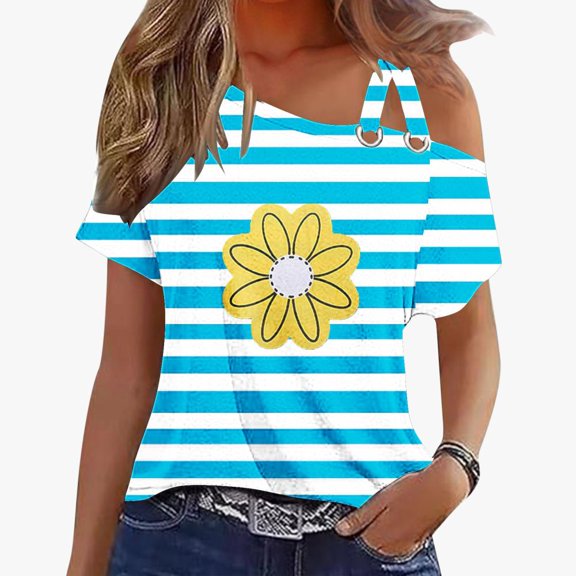 VERUGU Women's Casual Short Sleeve Tunics Camisole Tops One Shoulder T-Shirt Summer Trendy Stripe Floral Print Loose Flowy Blouse Tank Top for Leggings Blue S