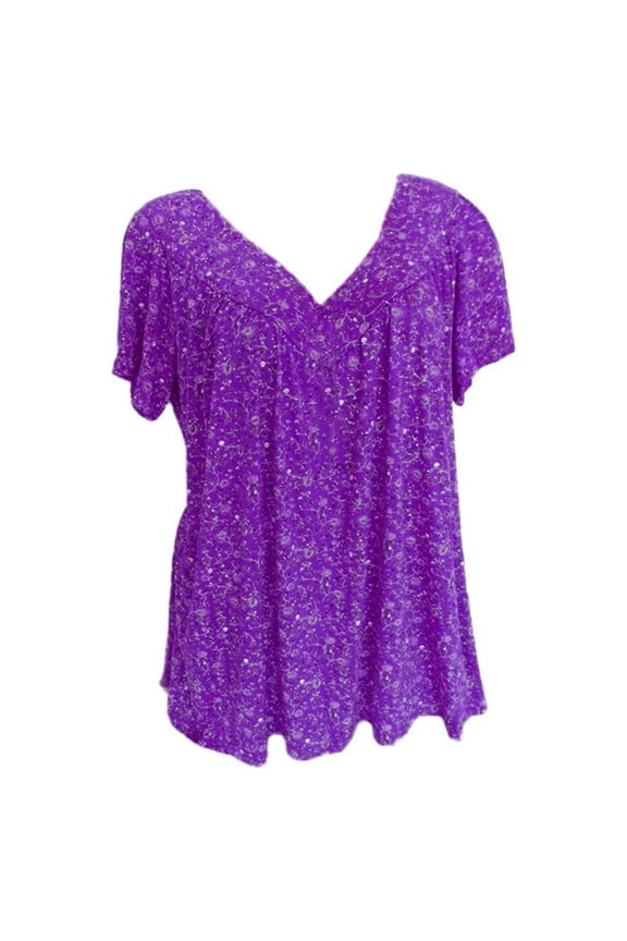 Women's Shirts Summer Casual V Neck Tops Plus Size Short Sleeve Blouses Fashion Floral Print Loose Tunic Tops Purple 3XL