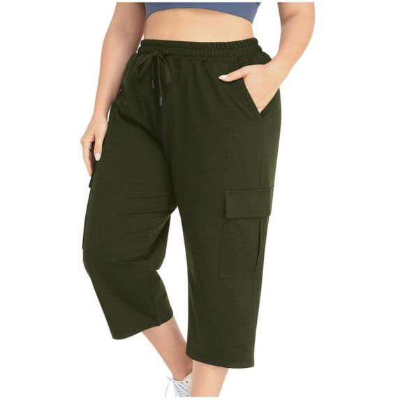 VERUGU Womens Capris for Summer Casual Summer Drawstring Elastic Waist Plus Size Pant Straight Leg Pockets Mid Waist Cropped Pants Solid Loose Comfortable Workout Running Sweatpants Army Green 3XL