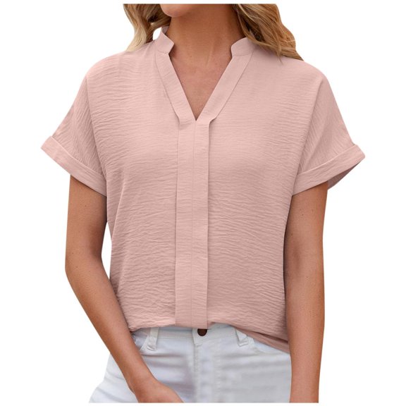 VERUGU Womens Casual Cap Sleeve Dressy Tops Pleated V-Neck Business Work Blouses Solid Short Sleeve T Shirts Summer Trendy Loose Tees for Leggings Pink S
