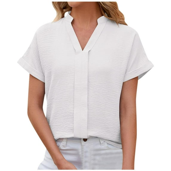 VERUGU Womens Casual Cap Sleeve Dressy Tops Pleated V-Neck Business Work Blouses Solid Short Sleeve T Shirts Summer Trendy Loose Tees for Leggings White XXL