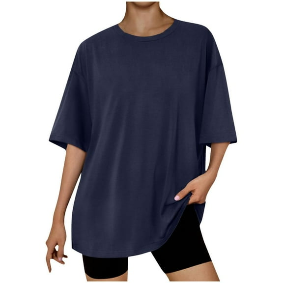VERUGU Womens Casual Short Sleeve Tunic Tops Drop Shoulder Crew Neck T Shirts Summer Solid Loose Comfy Base Tees Blouse for Leggings Dark Blue XL