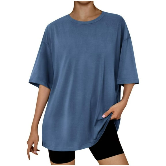 VERUGU Womens Casual Short Sleeve Tunic Tops Drop Shoulder Crew Neck T Shirts Summer Solid Loose Comfy Base Tees Blouse for Leggings Navy M