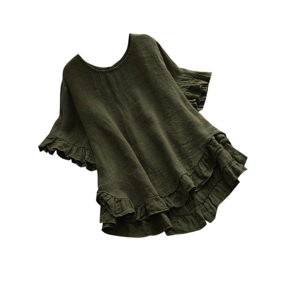 VERUGU Womens Casual Short Sleeve Tunic Tops Ruffle Buttons Down Crew Neck T Shirts Imitation Cotton Linen Solid Loose Comfy Base Tees Tunic Blouse Army Green M