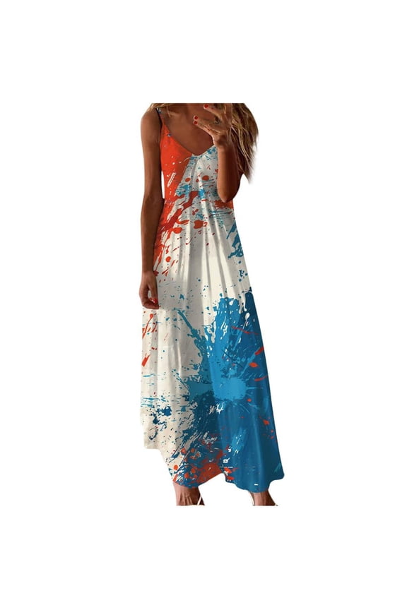 Womens Dresses Sleeveless Fashion Printing Maxi Dress V-Neck Loose Casual Suspenders Long Dresses Blue S