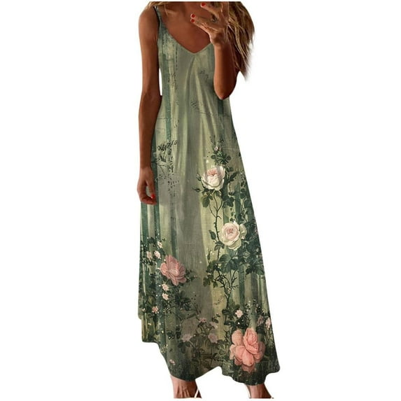 VERUGU Womens Dresses Sleeveless Fashion Printing Maxi Dress V-Neck Loose Casual Suspenders Long Dresses Green XXL