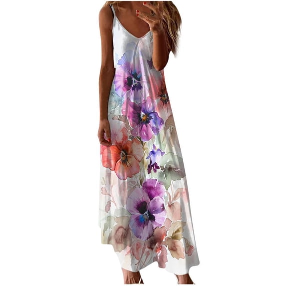 VERUGU Womens Dresses Sleeveless Fashion Printing Maxi Dress V-Neck Loose Casual Suspenders Long Dresses Pink M