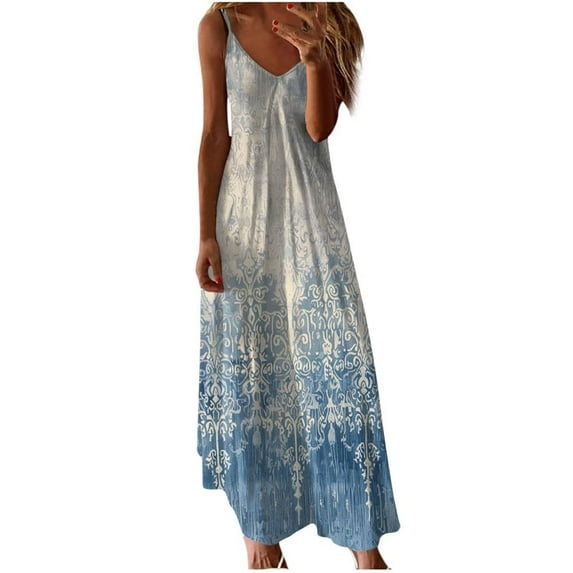 Summer Dress Saving! VERUGU Womens Dresses Sleeveless Fashion Printing Maxi Dress V-Neck Loose Casual Suspenders Long Dresses Sky Blue L